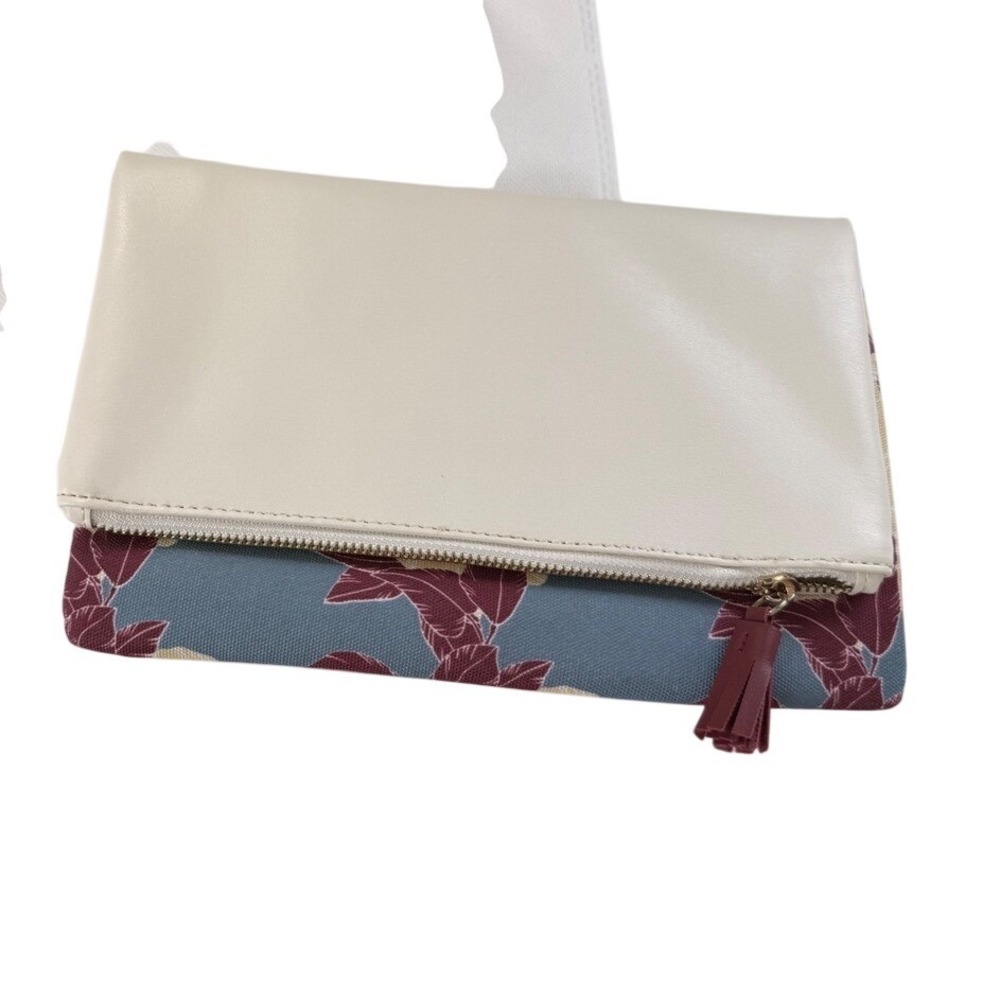 Rachel Pally Floral Canvas Cream Faux Leather Reviserable Foldover Tassel Clutch